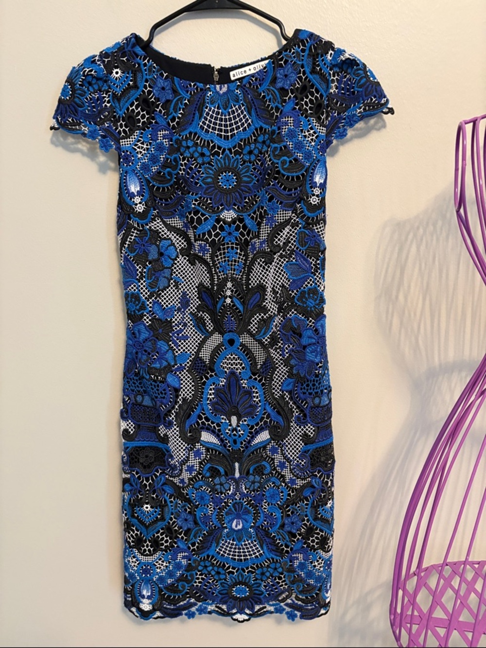 Alice + Olivia Blue & Black Floral Lace Mini Dress